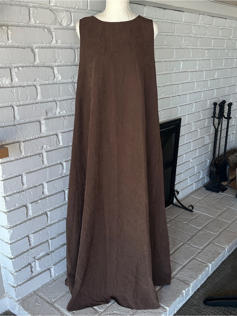 A New Day Brown Linen Sleeveless Minimalist Tent Maxi Dress Boho Loose - M